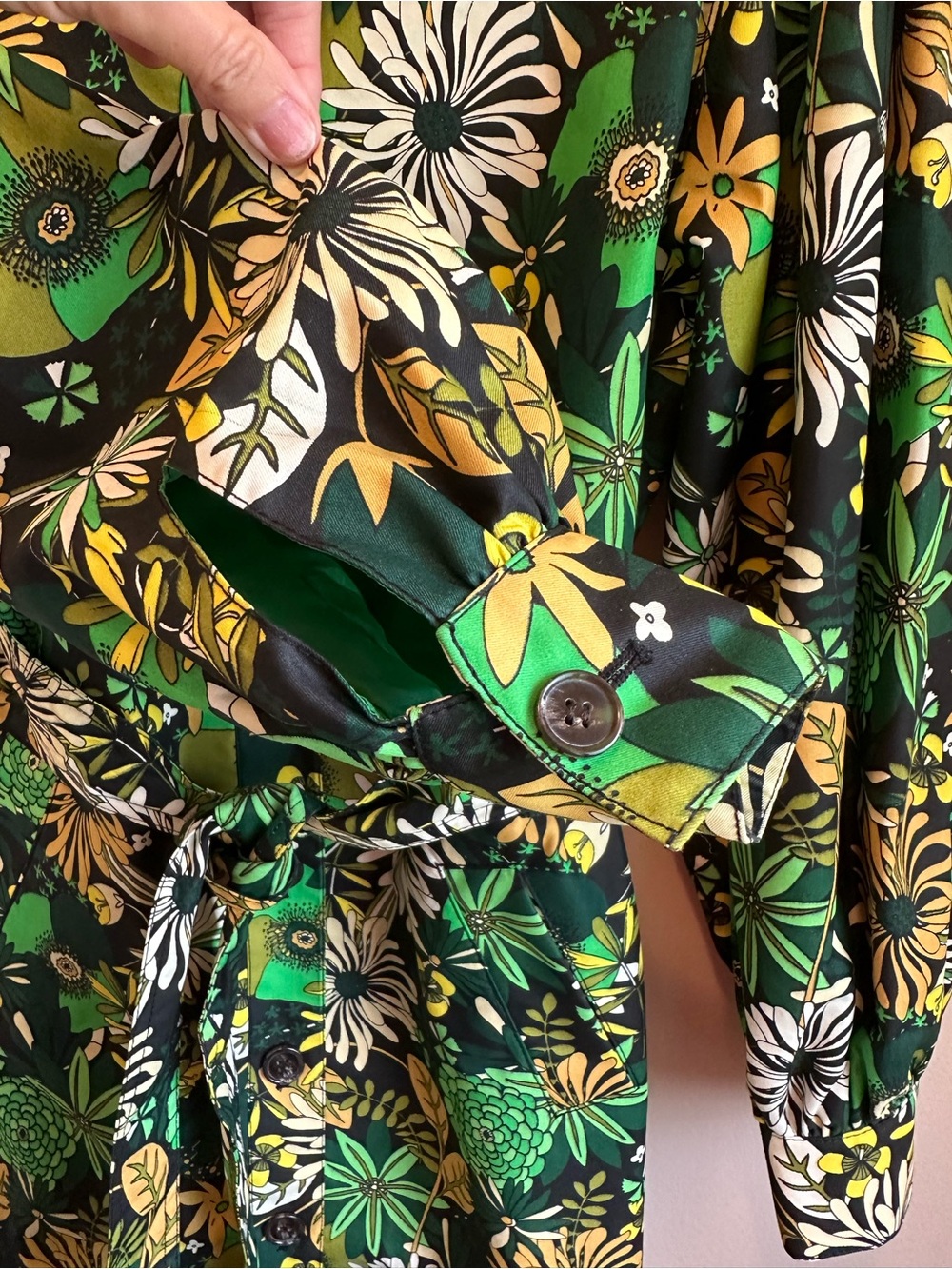 International Concepts INC Floral Twill Trench Coat M Amara Blooms Retro Green - Picture 5 of 10